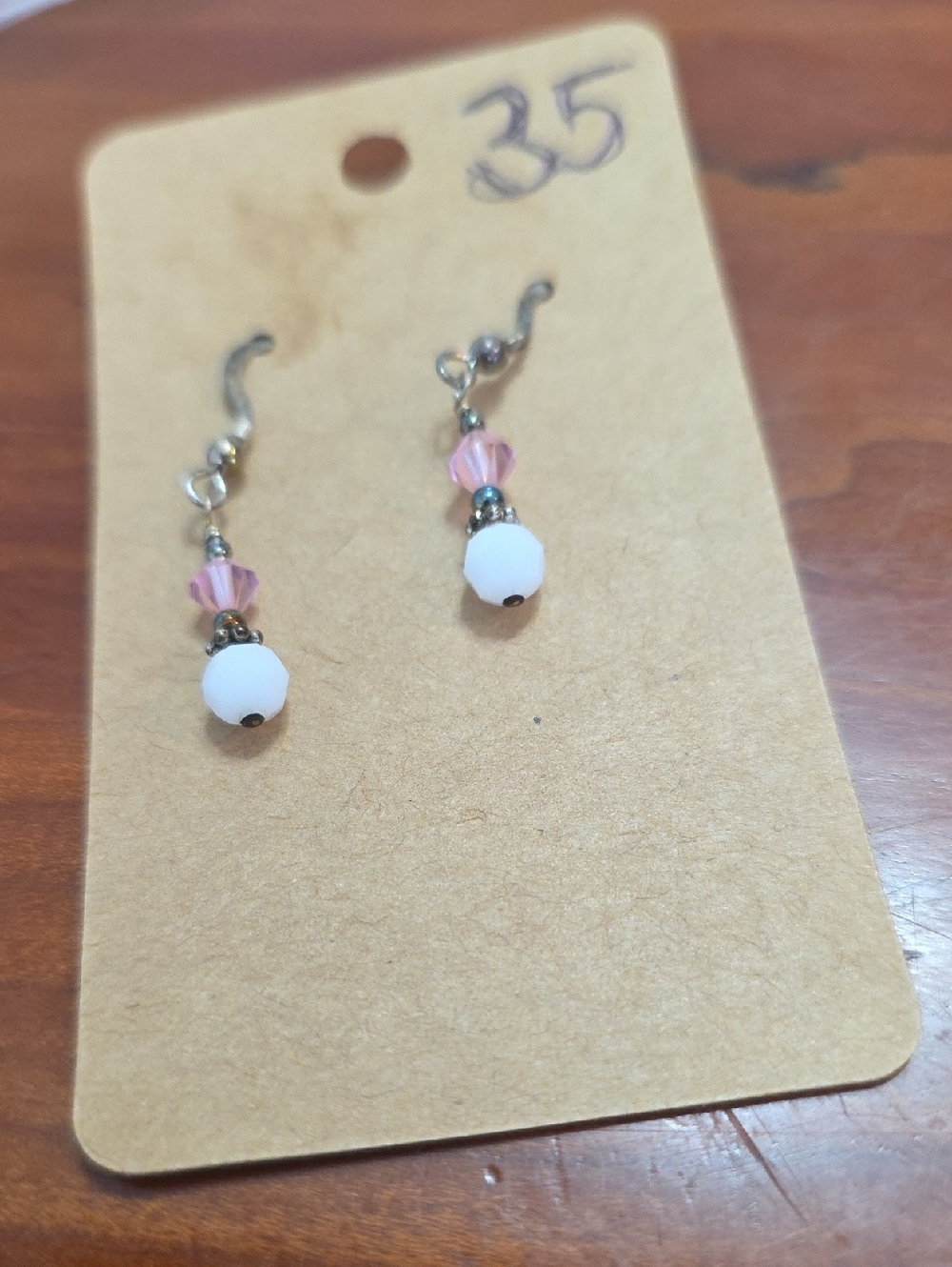 # 35 Delicate White bead & Pink Swarovski Crystal Drop Earrings.